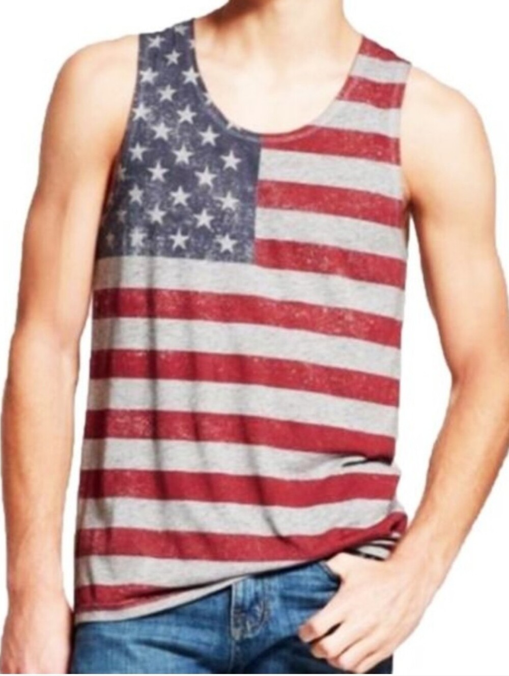 Mossmio Supply Co. Men's American Flag Grey Muscle Tank Top